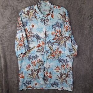 Windham Pointe Shirt Men Size Large Blue Palm Tree Print 100% Rayon Tropical